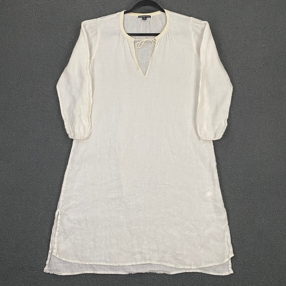 James Perse Linen Dress Women 1 Small White Tie Neck Long Sleeve Casual Summer